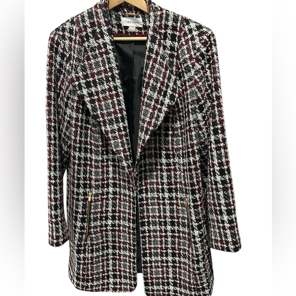 Calvin Klein Women's Plus Tweed Plaid Topper
Jacket Black/Burg Size 18W - Picture 3 of 11